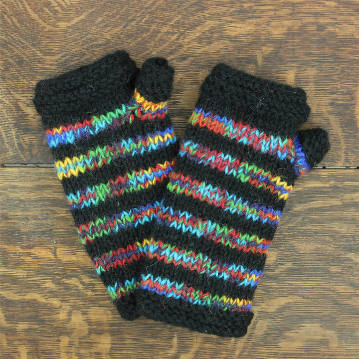 Hand Knitted Wool Arm Warmer - Stripe Black Rainbow SD