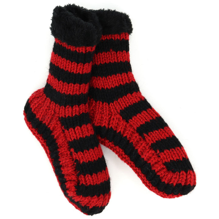 Hand Knitted Wool Slipper Socks - Stripe Red Black