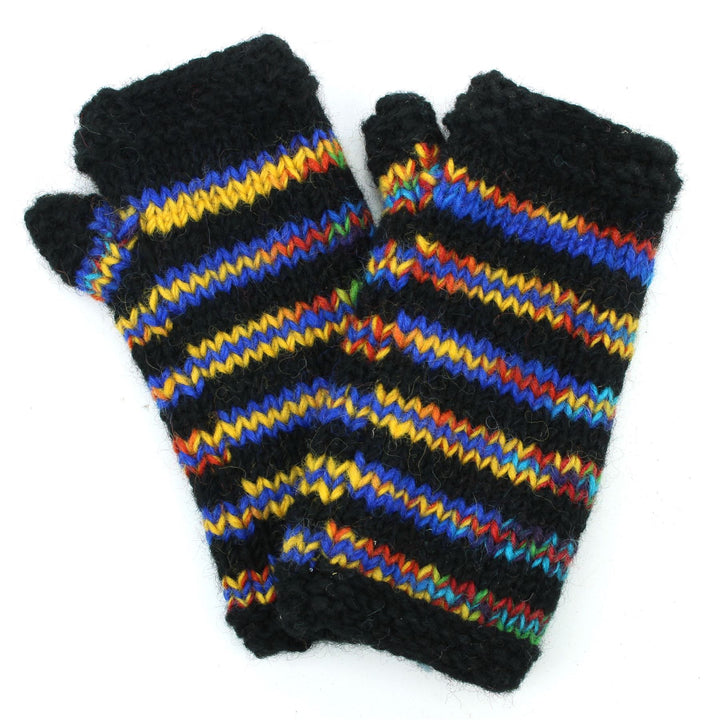 Hand Knitted Wool Arm Warmer - Stripe Black Rainbow SD