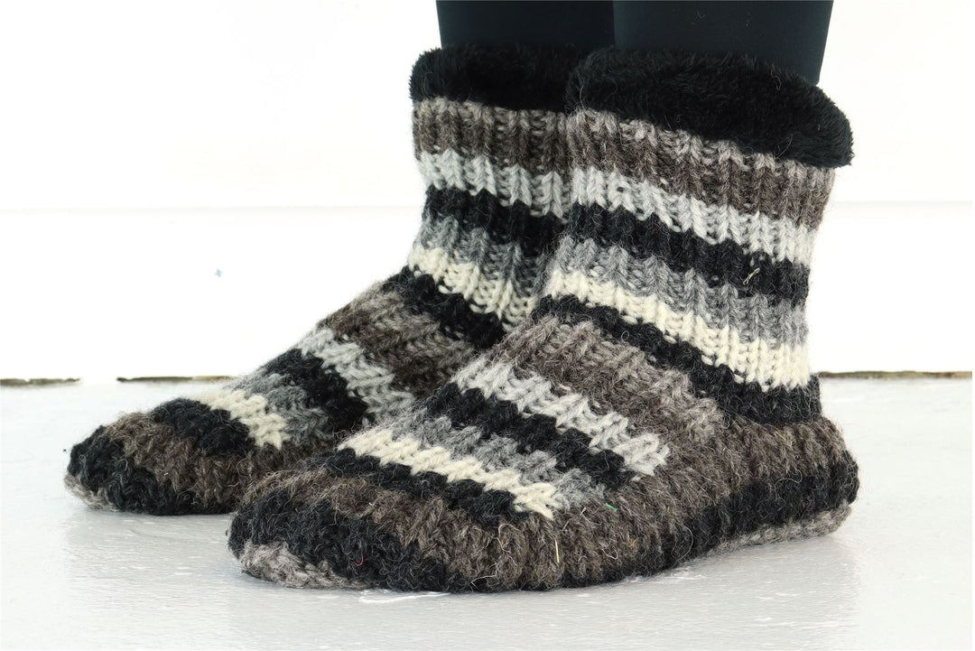 Hand Knitted Wool Slipper Socks - Stripe Natural