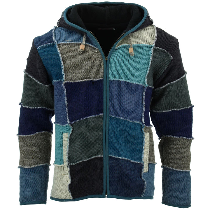 Wool Knit Patchwork Hooded Jacket - Blue