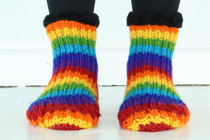 Hand Knitted Wool Slipper Socks - Stripe Bright Rainbow