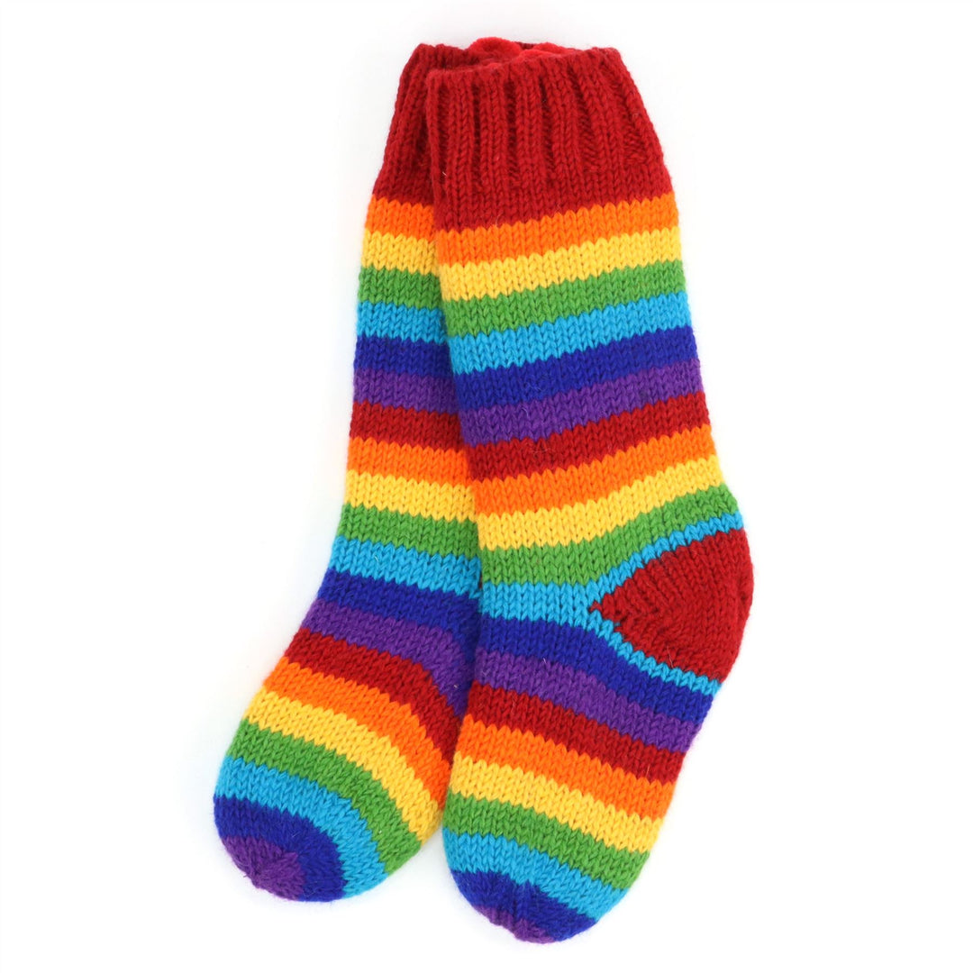 Hand Knitted Wool Slipper Socks - Stripe Bright Rainbow