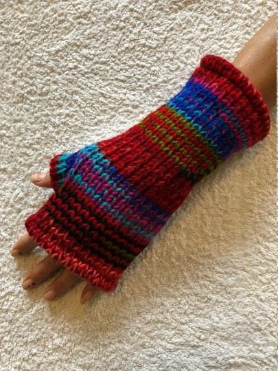 Wool Knit Fleece Lined  Wrist Warmers - SD Multi Red Blue