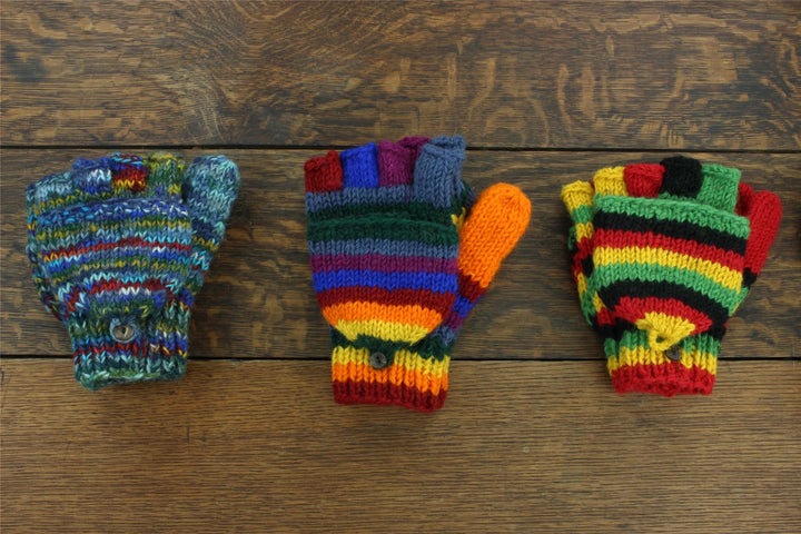 Hand Knitted Wool Shooter Gloves - Stripe Rasta