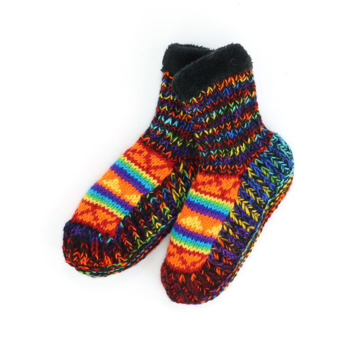 Hand Knitted Wool Slipper Socks - SD Black Rainbow Orange