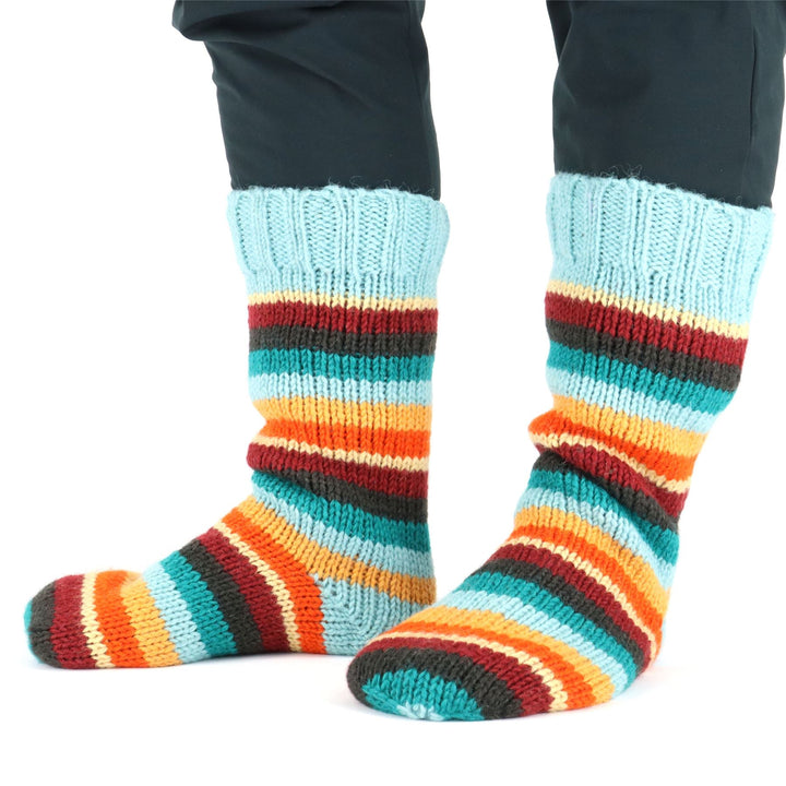 Hand Knitted Wool Slipper Socks - Stripe Retro D