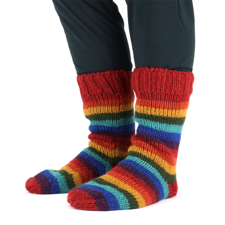 Hand Knitted Wool Slipper Socks - Stripe Dark Rainbow