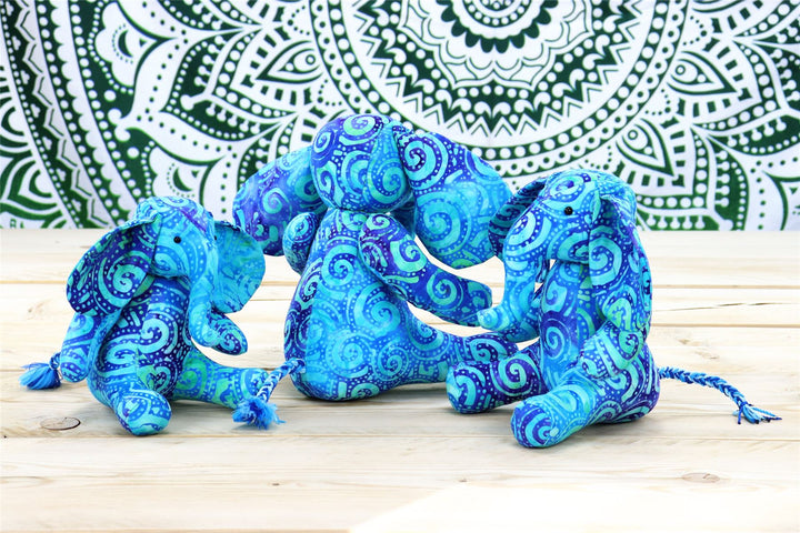 Batik Cotton Friendship Elephant - Blue Tribal Spiral