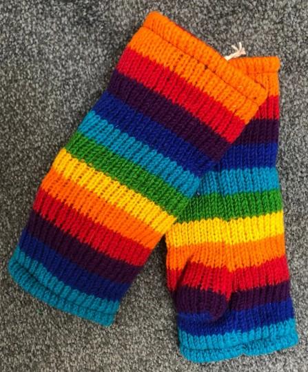 Wool Knit Fleece Lined  Wrist Warmers - Rainbow Stripe