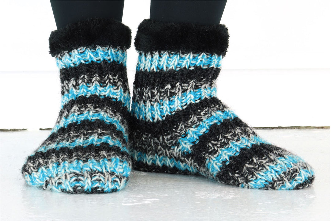 Hand Knitted Wool Slipper Socks - SD Light Blue Charcoal