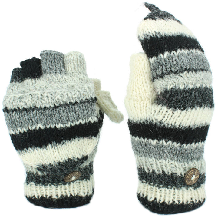 Chunky Wool Knit Fingerless Shooter Gloves - Stripe - Grey & Black