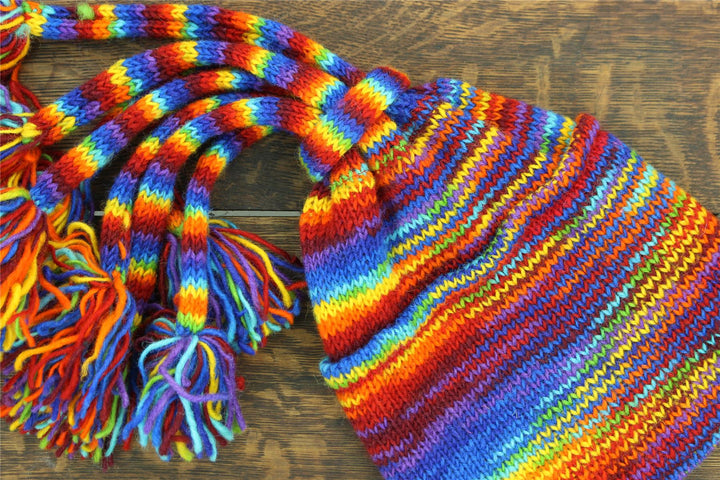 Hand Knitted Beanie Fountain Tassel Hat - SD Rainbow