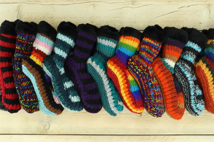 Hand Knitted Wool Slipper Socks - Stripe Progress Rainbow