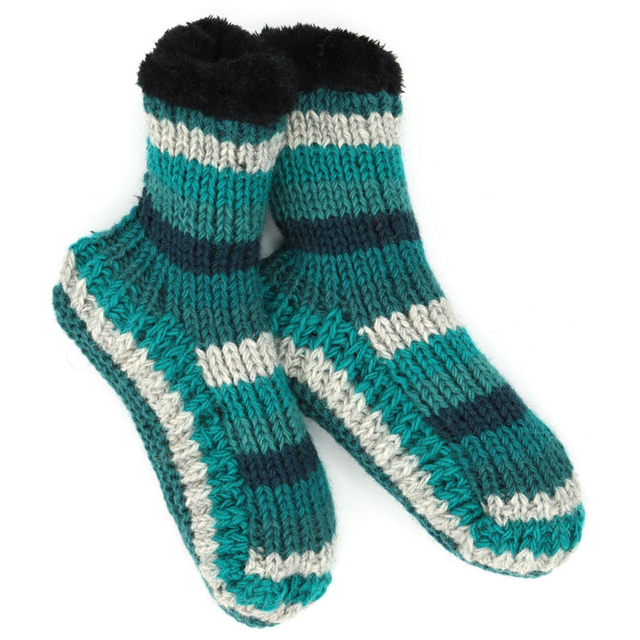 Hand Knitted Wool Slipper Socks - Stripe Teal