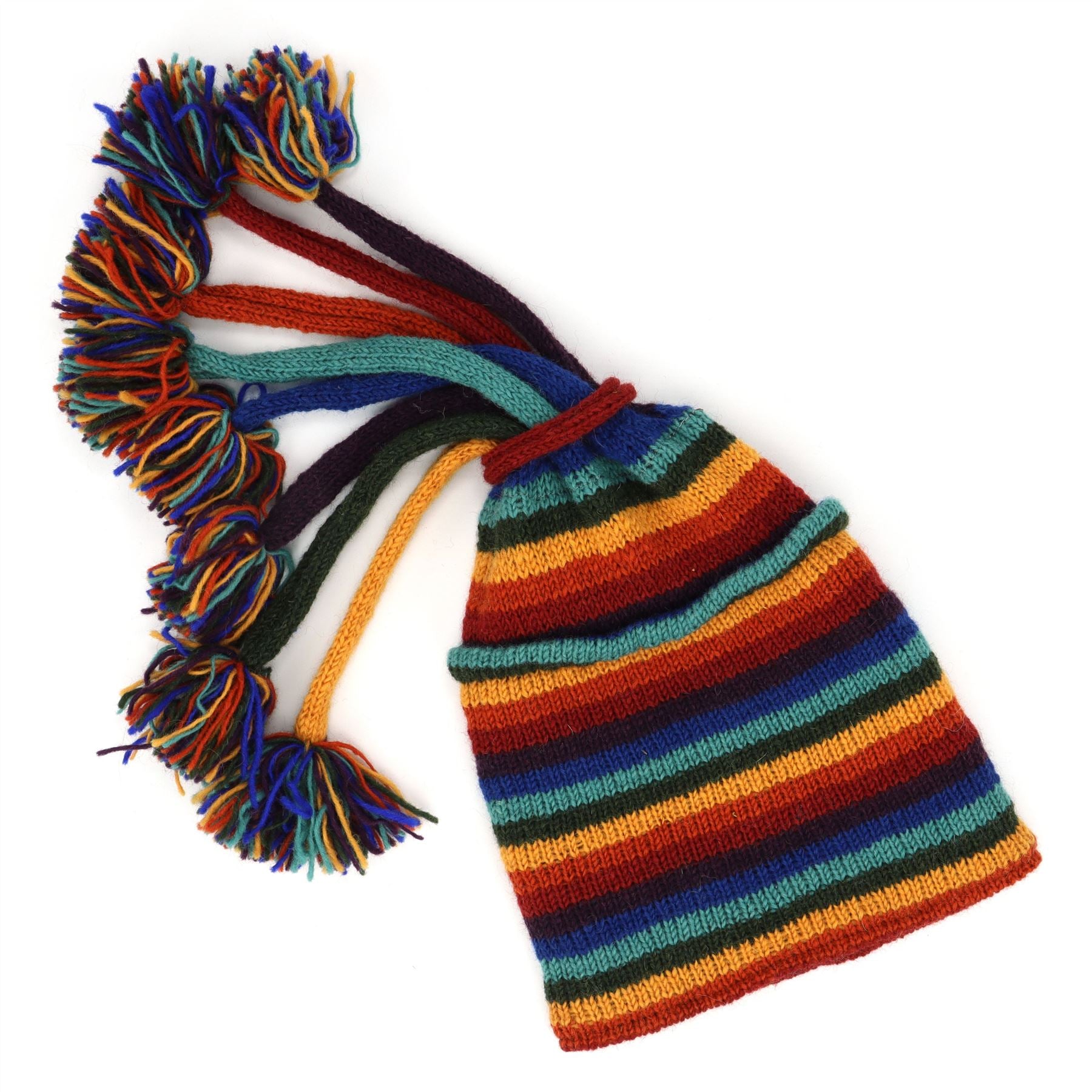 Hand Knitted Beanie Fountain Tassel Hat Stripe Dark Rainbow