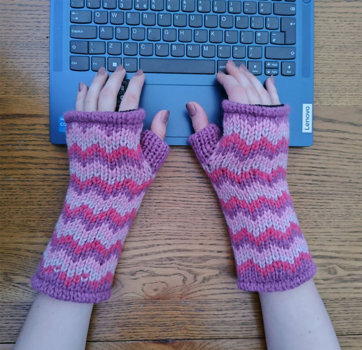 Wool Knit Fleece Lined  Wrist Warmers - Zig Zag Pink