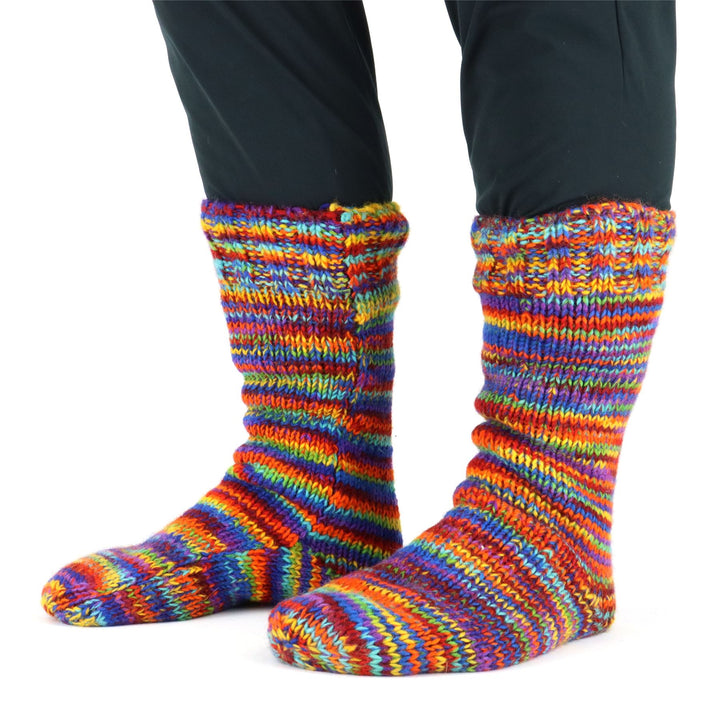 Hand Knitted Wool Slipper Socks - SD Rainbow