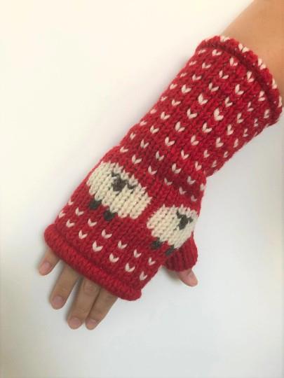 Wool Knit Fleece Lined  Wrist Warmers - Sheep Red