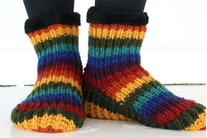 Hand Knitted Wool Slipper Socks - Stripe Dark Rainbow