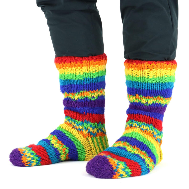 Hand Knitted Wool Slipper Socks Lined - Stripe Rainbow Zig Zag