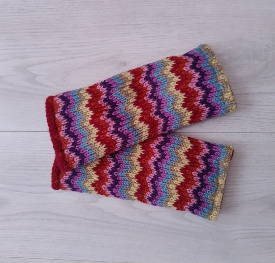 Wool Knit Fleece Lined  Wrist Warmers - Zig Zag Multi