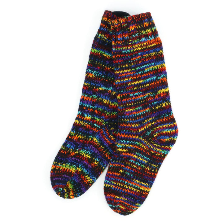 Hand Knitted Wool Slipper Socks - SD Black Rainbow