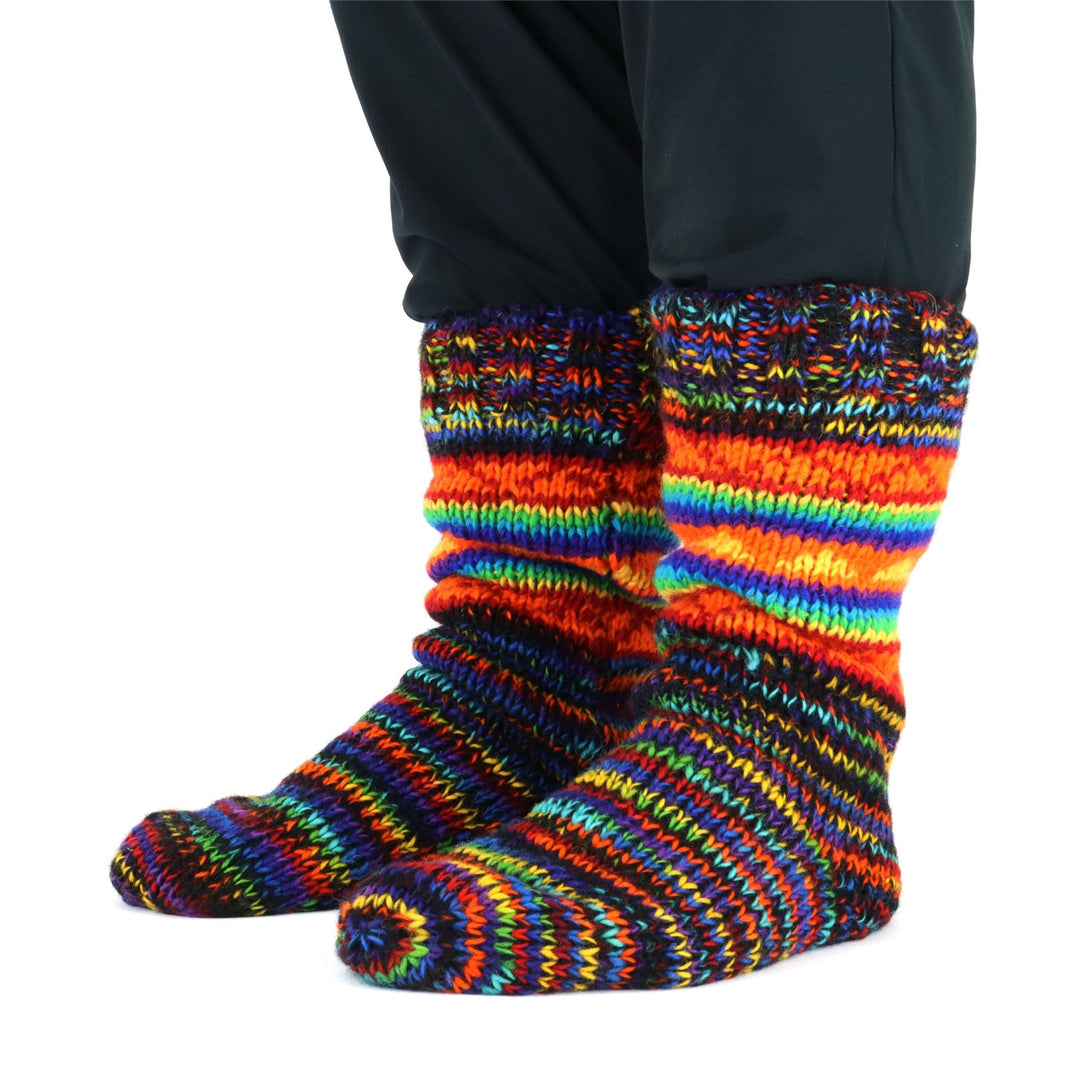 Hand Knitted Wool Slipper Socks - SD Black Rainbow Orange