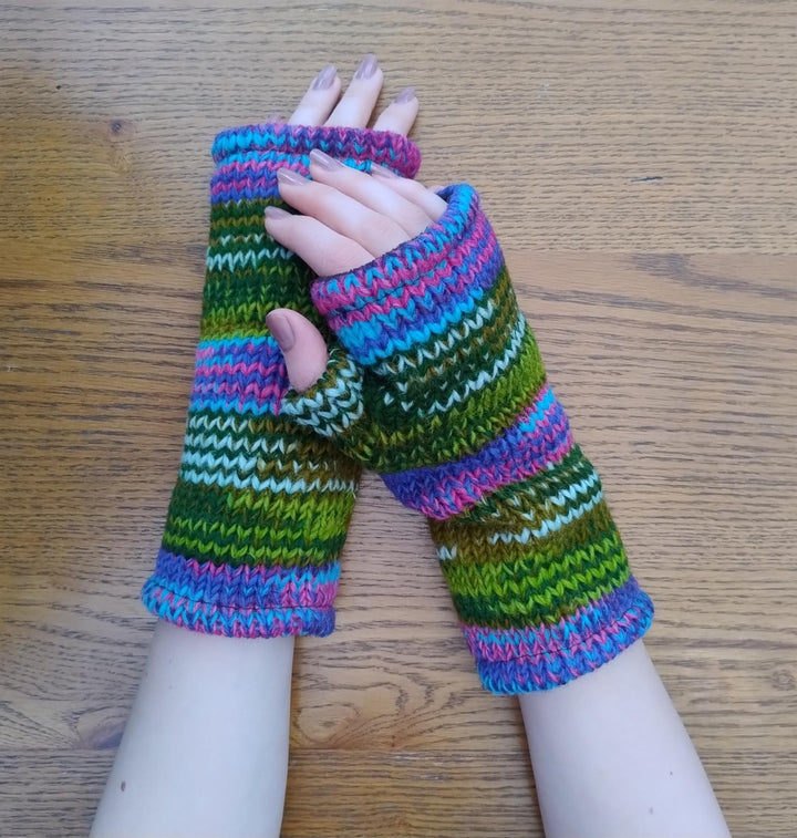 Wool Knit Fleece Lined  Wrist Warmers - SD Green Pink