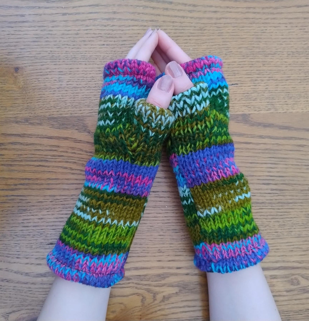 Wool Knit Fleece Lined  Wrist Warmers - SD Green Pink