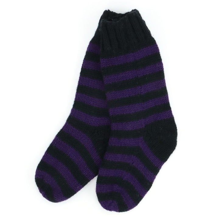 Hand Knitted Wool Slipper Socks - Stripe Purple Black