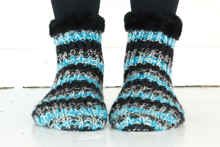 Hand Knitted Wool Slipper Socks - SD Light Blue Charcoal