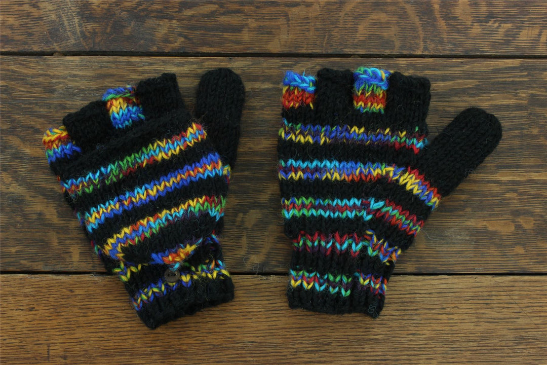 Hand Knitted Wool Shooter Gloves - Stripe Black Rainbow SD