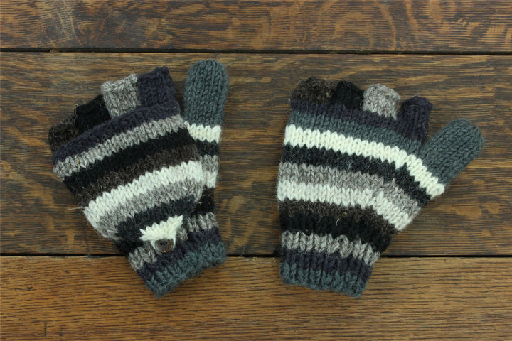 Hand Knitted Wool Shooter Gloves - Stripe Greys