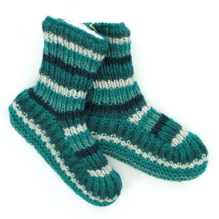 Hand Knitted Wool Slipper Socks - Stripe Teal