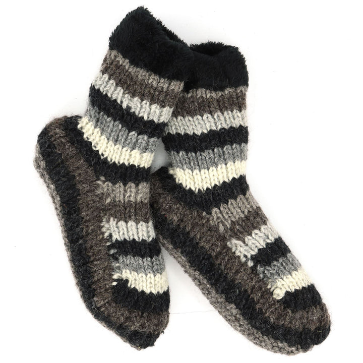 Hand Knitted Wool Slipper Socks - Stripe Natural