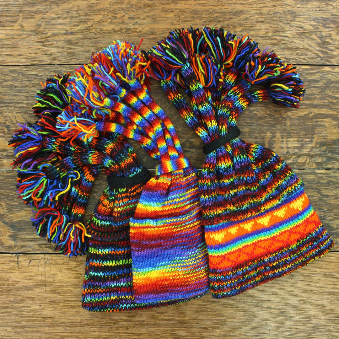 Hand Knitted Beanie Fountain Tassel Hat - SD Rainbow