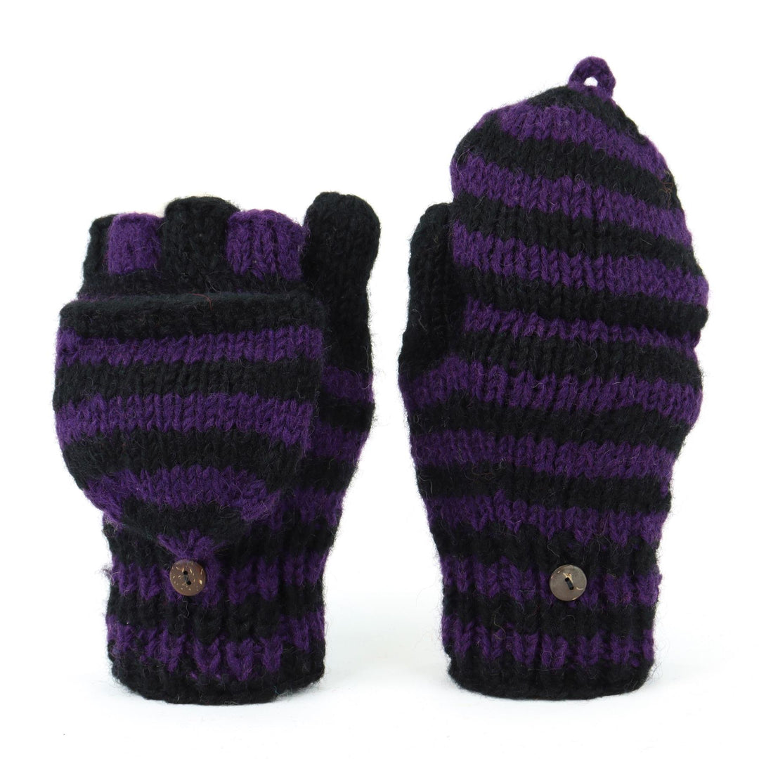 Hand Knitted Wool Shooter Gloves - Stripe Purple Black