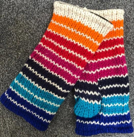 Wool Knit Fleece Lined  Wrist Warmers - Stripe Blue