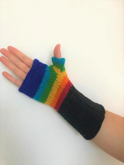 Wool Knit Fleece Lined  Wrist Warmers - Black Rainbow Stripe