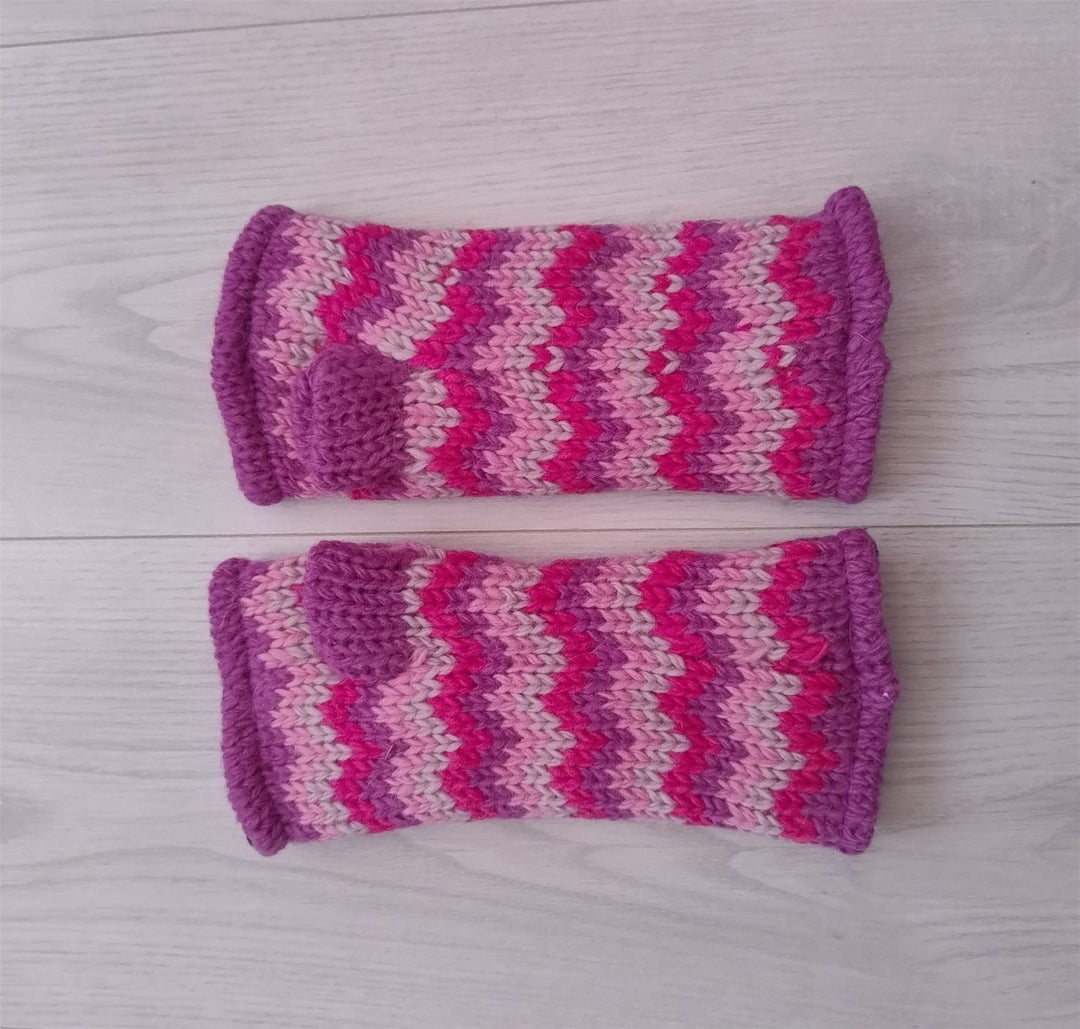 Wool Knit Fleece Lined  Wrist Warmers - Zig Zag Pink