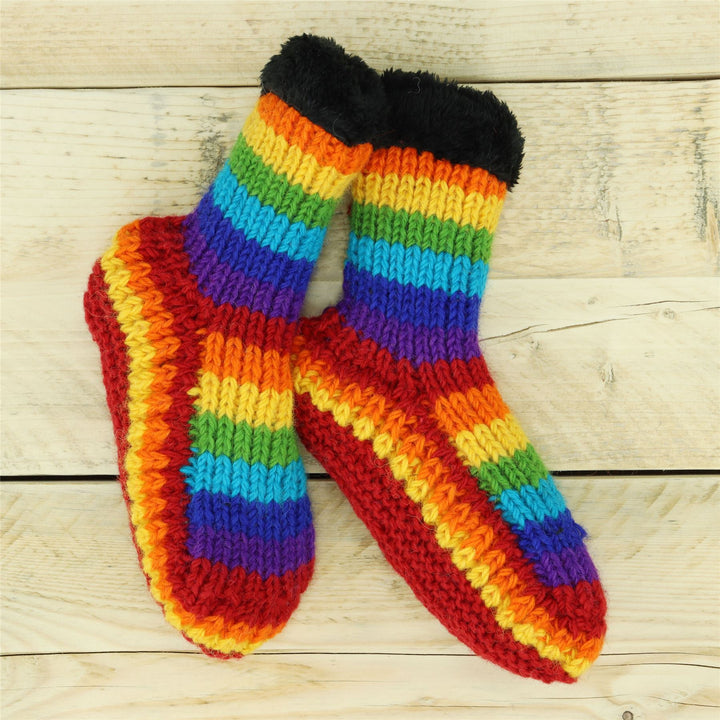 Hand Knitted Wool Slipper Socks - Stripe Bright Rainbow