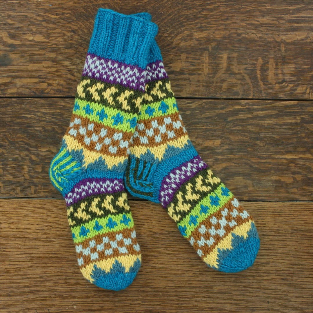 Hand Knitted Wool Slipper Socks Lined - Chevron Blue