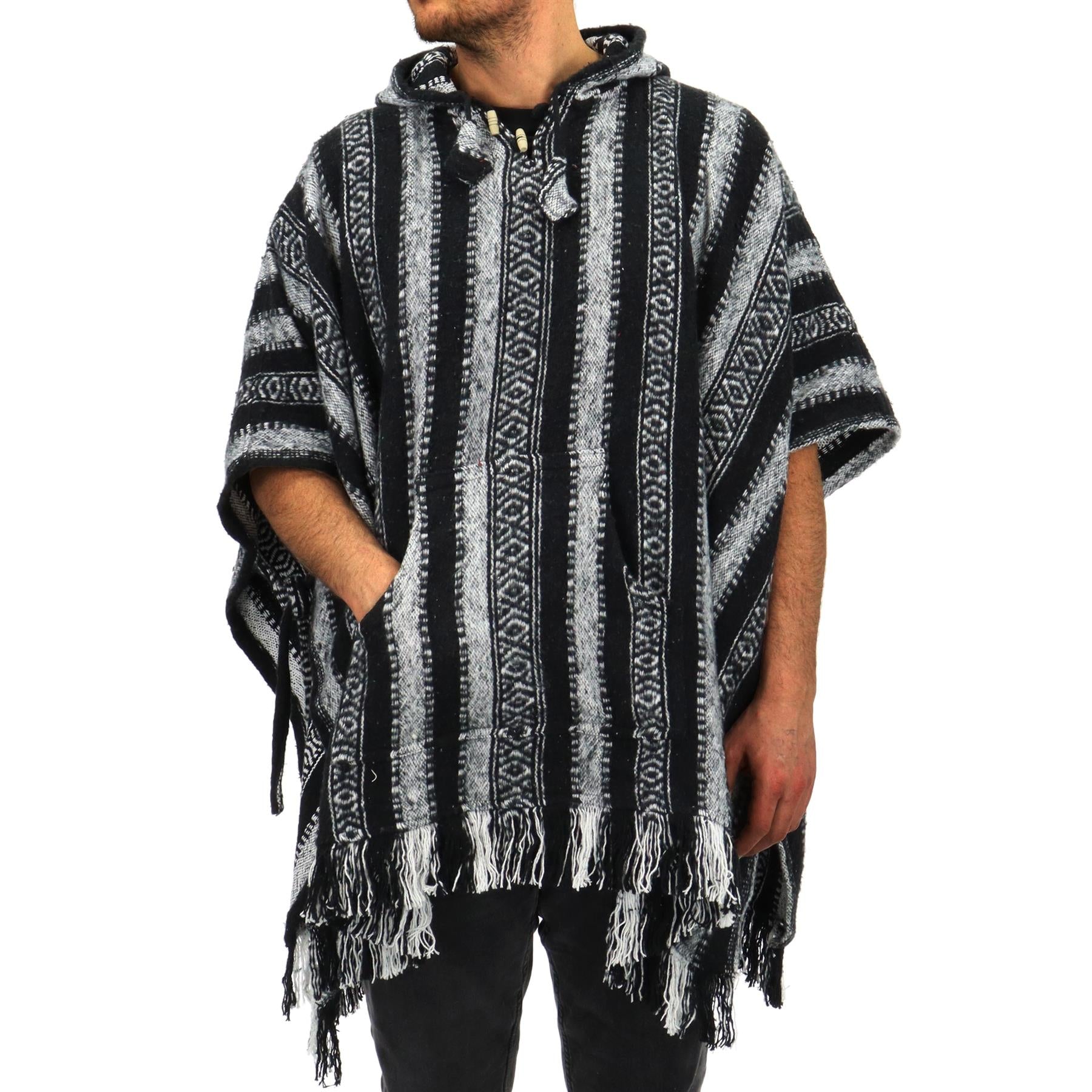 Brushed Cotton Hooded Poncho Black White