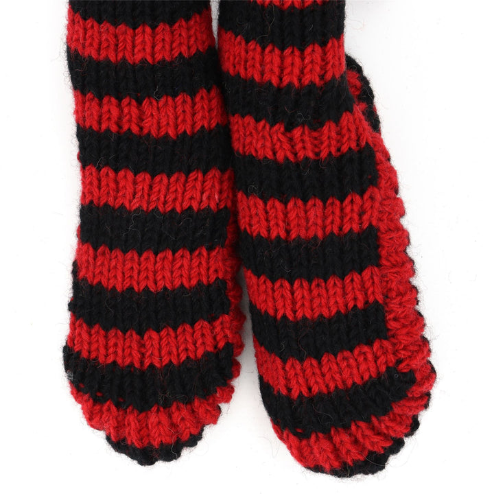 Hand Knitted Wool Slipper Socks - Stripe Red Black