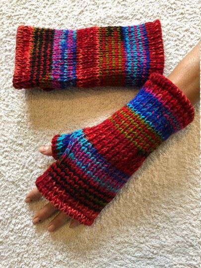 Wool Knit Fleece Lined  Wrist Warmers - SD Multi Red Blue