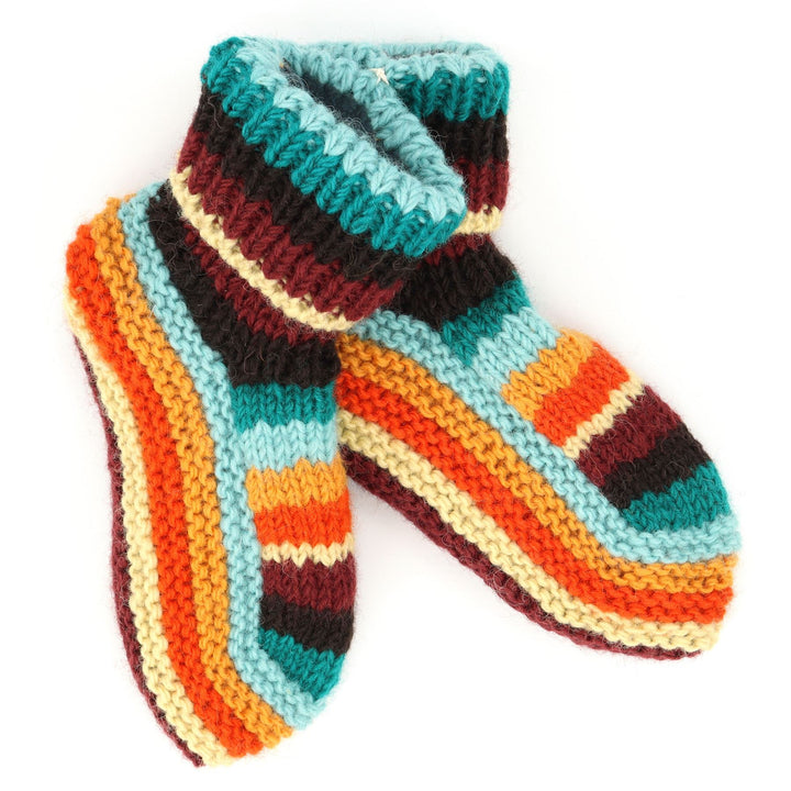 Hand Knitted Wool Slipper Socks - Stripe Retro D