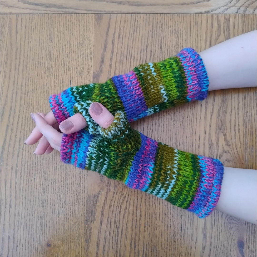 Wool Knit Fleece Lined  Wrist Warmers - SD Green Pink