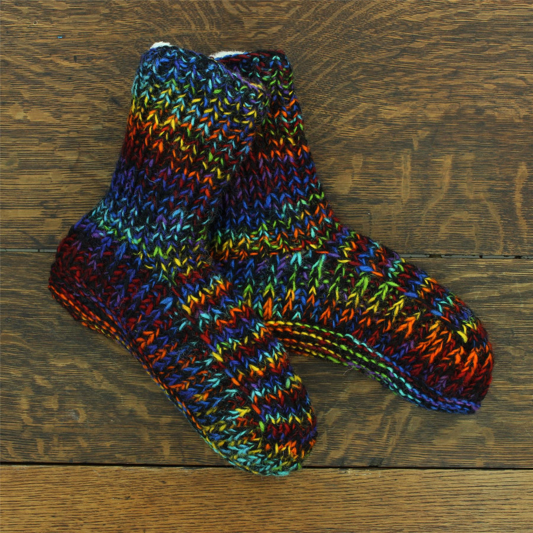 Hand Knitted Wool Slipper Socks - SD Black Rainbow