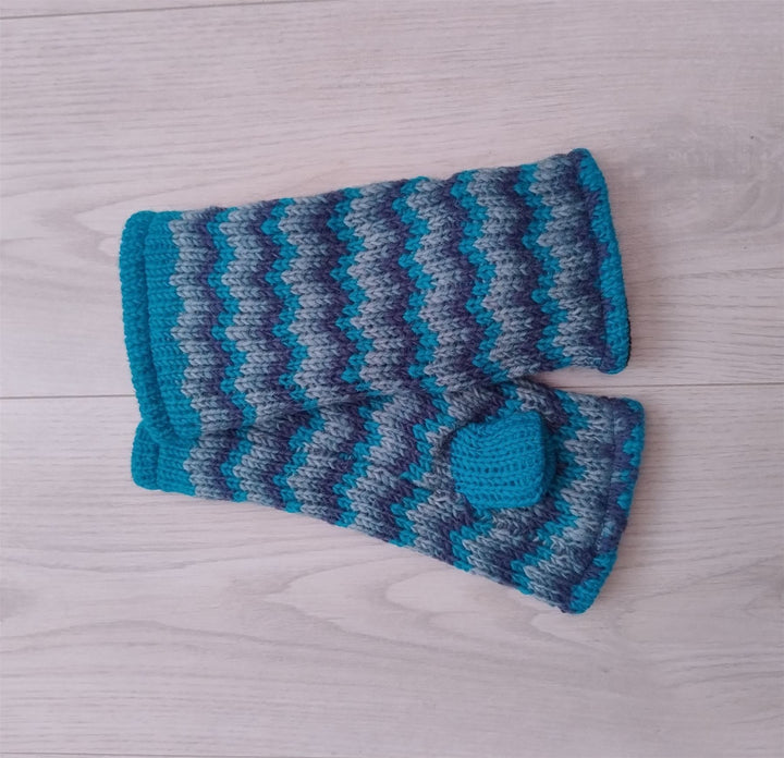 Wool Knit Fleece Lined  Wrist Warmers - Zig Zag Blue